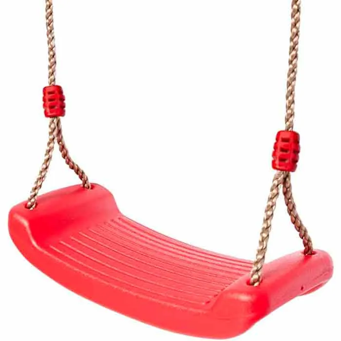 Columpio infantil con asiento de plástico rojo y cuerdas trenzadas ajustables