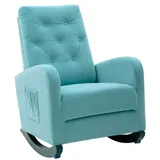 Mecedora tapizada capitonada en azul turquesa con bolsillo lateral y balancín de madera oscura