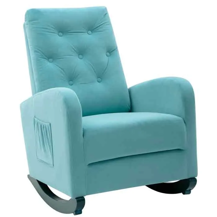 Mecedora tapizada capitonada en azul turquesa con bolsillo lateral y balancín de madera oscura