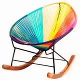 Mecedora Acapulco multicolor con tejido en tonos turquesa, amarillo, naranja y morado