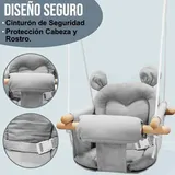 Detalle de seguridad del columpio para bebé: cinturón y rodillo protector de cabeza y rostro