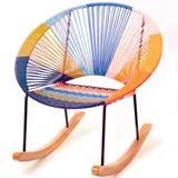 Mecedora pavo real multicolor en azul, naranja y rosa, tejida a mano