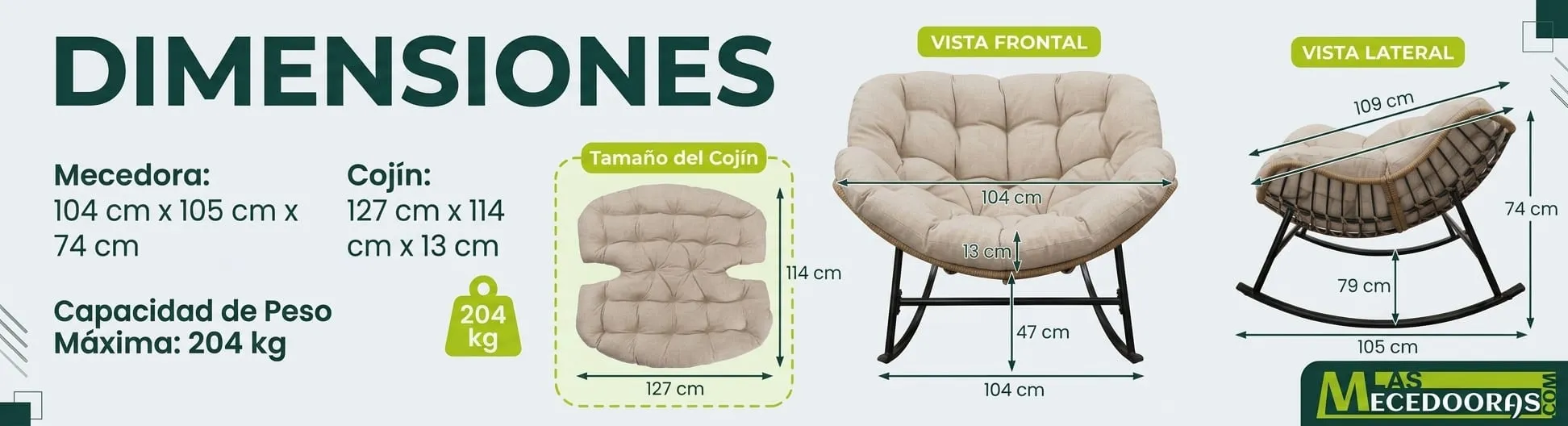 Dimensiones de la mecedora nido: 104 x 105 x 74 cm, asiento a 47 cm del piso, cojín de 127 x 114 x 13 cm y capacidad de 204 kg