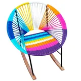 Mecedora pavo real con tejido completo en colores vivos: turquesa, fucsia, morado y naranja