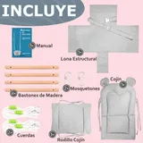 Kit completo del columpio para bebé: lona estructural, cojines, bastones de madera, cuerdas y mosquetones