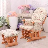 Mecedora de madera natural con tapizado floral y butaco a juego